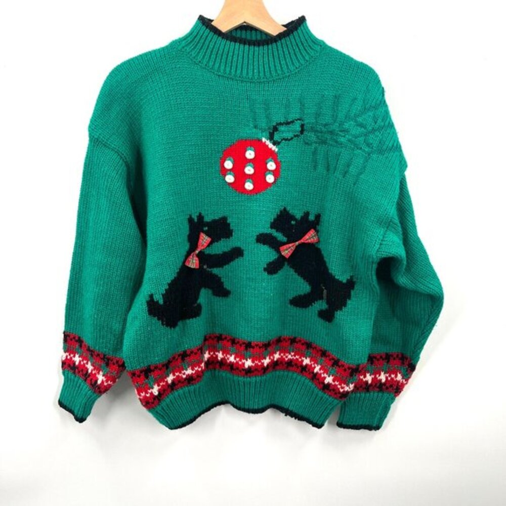 Vintage Robinson's scotty dog ugly Christmas sweater‎ chunky knit grandmacore L